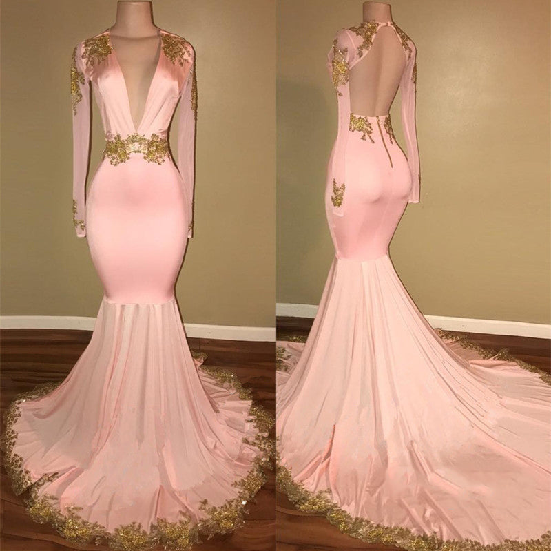 Long Sleeves Blushing Pink Deep V Neck Mermaid Backless With Gold Appliques Prom Dresses back view