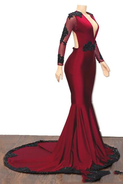 2027 Mermaid V Neck Long Sleeve Applique Beaded Backless Satin Prom Dresses back view