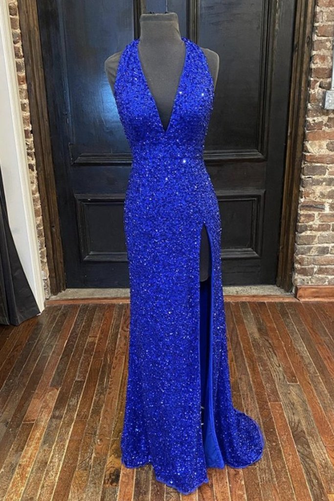 2027 Prom Dresses Sheath Royal Blue Side Slit V Neck Detachable Train Sequence back view
