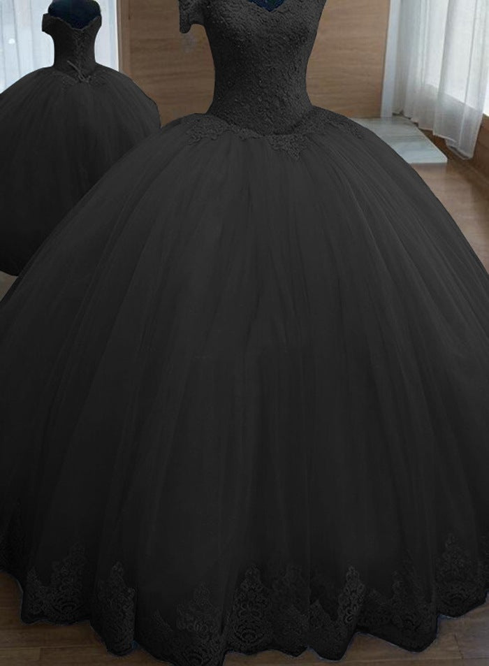 Black 2027 Short Sleeve Prom Dresses Off The Shoulder V-Neck Blue Ball Gown Pleated Lace Appliques
