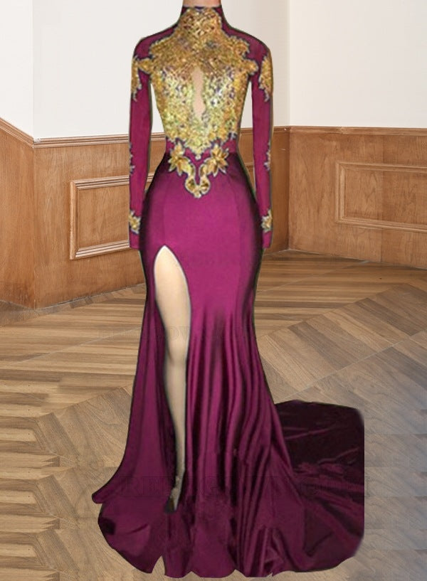 Fuchsia African Royal Blue Side Slit Sheath Long Sleeves Prom Dresses With Gold Appliques