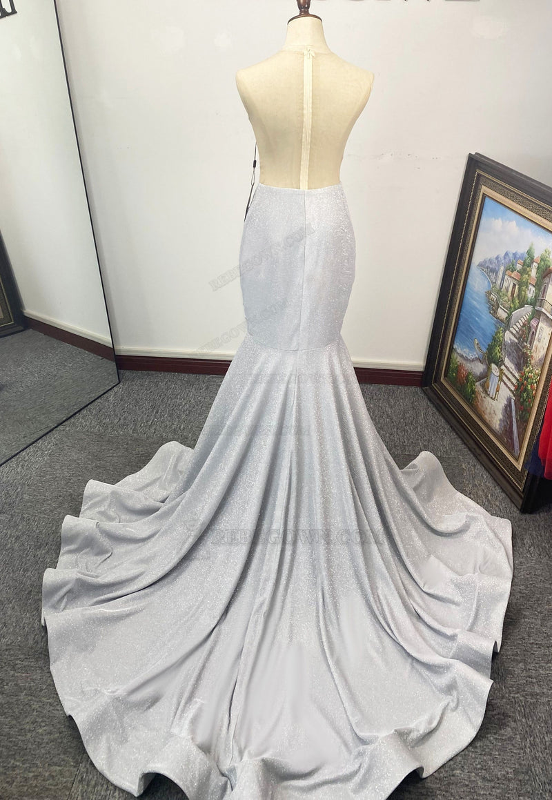 Silver Beaded Mermaid Prom Dresses back view