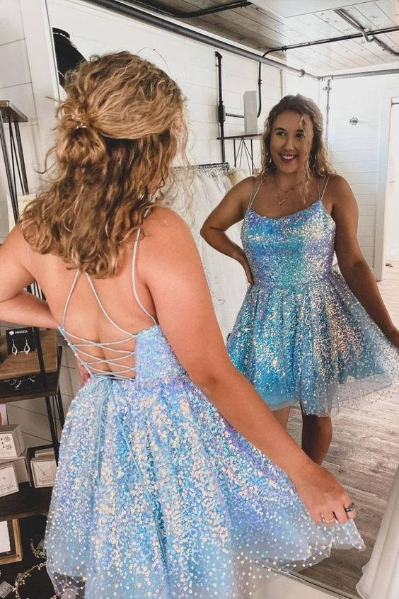 Blue Ball Gown Spaghetti Straps Sequins Short/Mini Sleeveless 2027 Homecoming Dresses back view