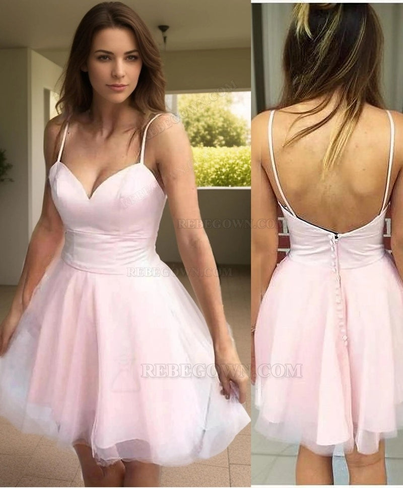 2027 A-Line Spaghetti Straps Sweetheart Neck Sleeveless Satin Tulle Short/Mini Homecoming Dresses back view