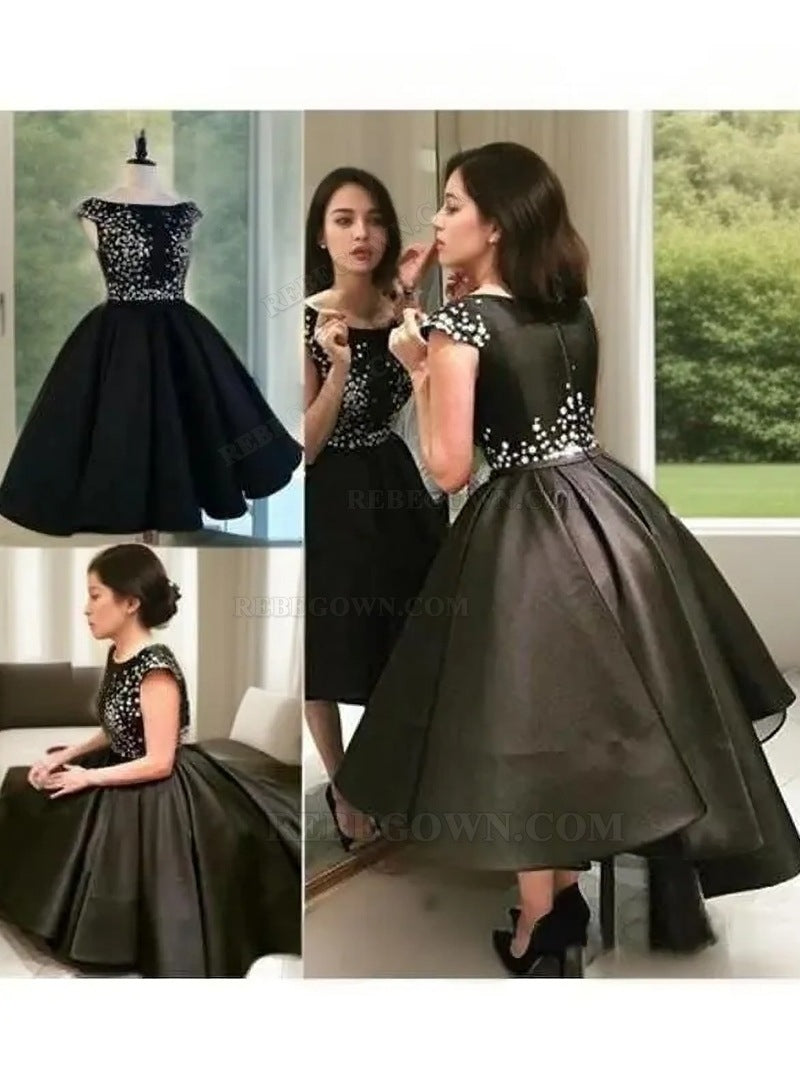 2027 Ball Gown Scoop Neck Cap Sleeve Beaded High Low Satin Tea-Length Homecoming Dresses back view