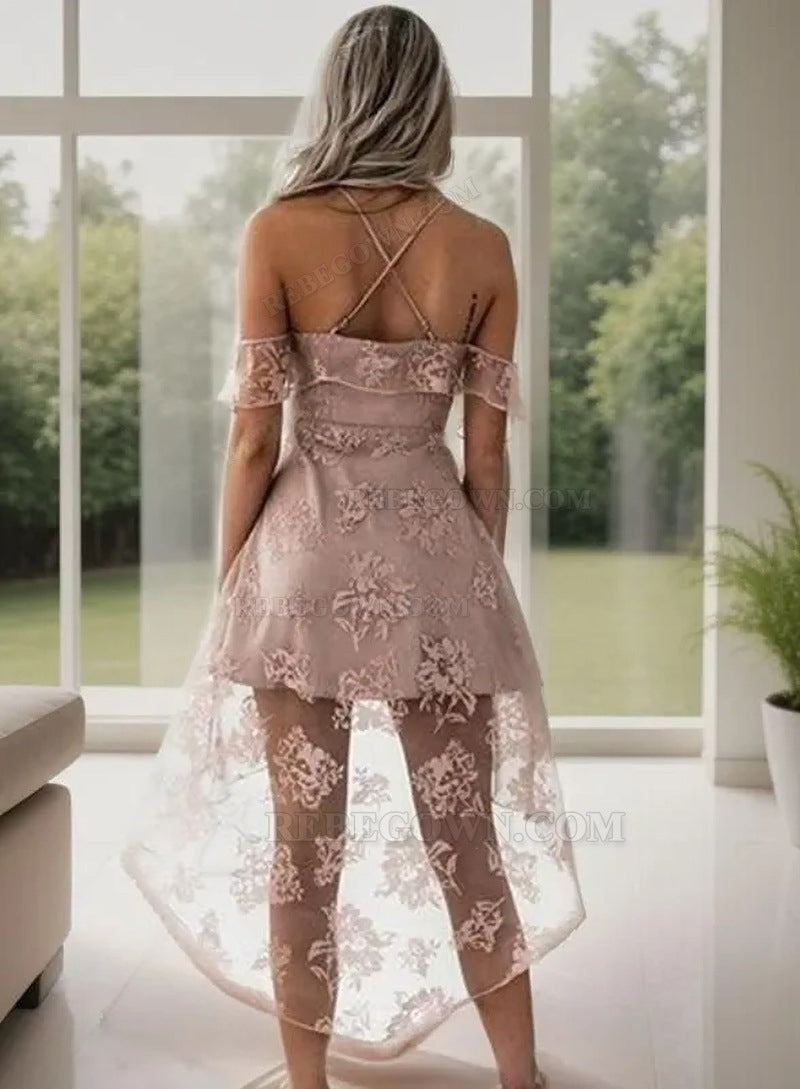 2027 A-Line Straps Criss Cross Off-The-Shoulder High Low Lace Cut Short/Mini Homecoming Dresses back view