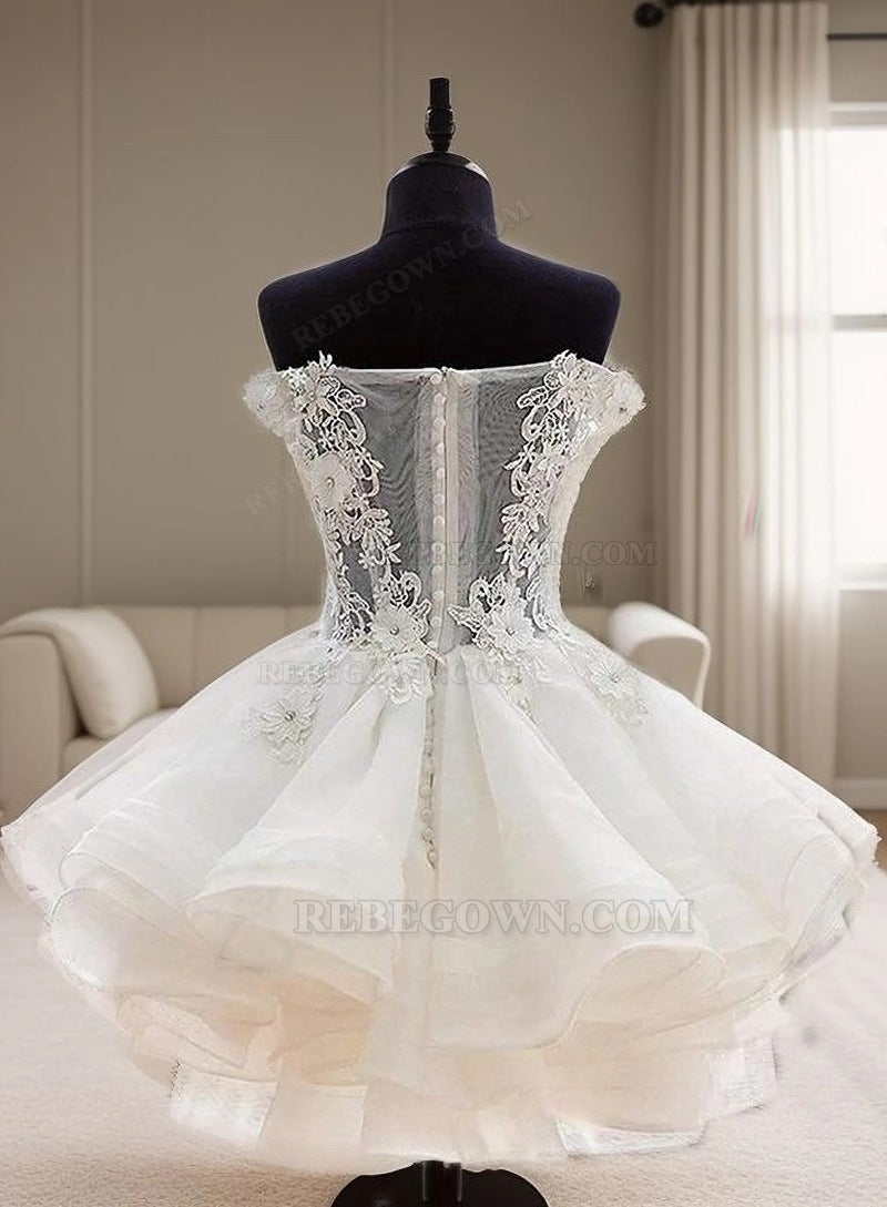 Ball Gown Botton Layer Applique Beading Off-The-Shoulder Cut Short Mini Homecoming Dresses back view