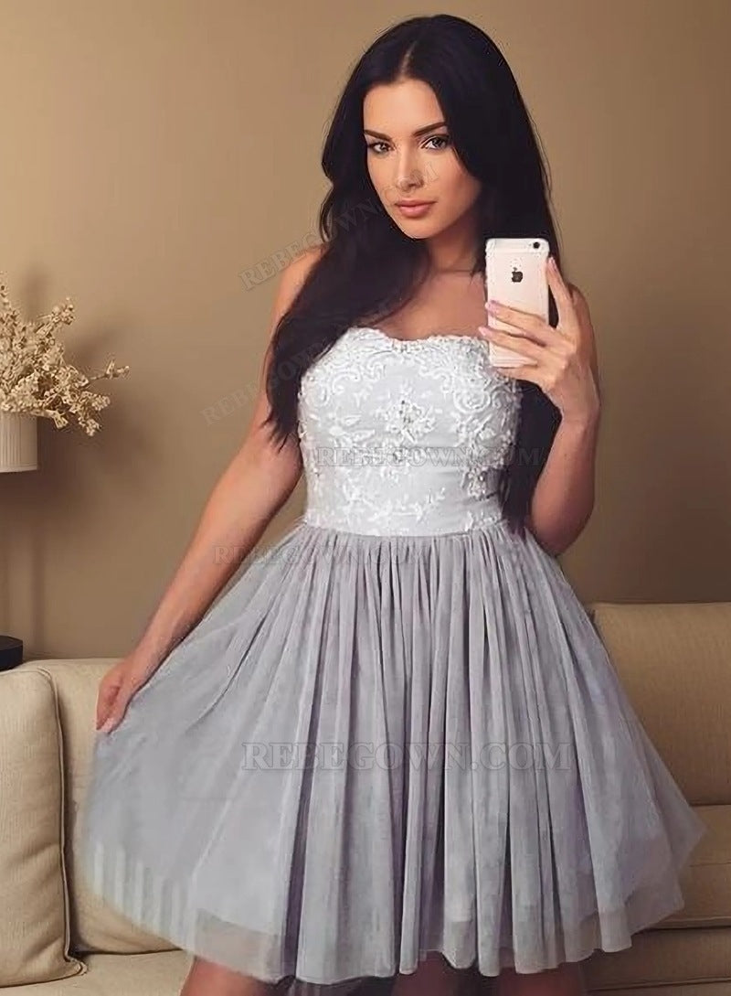 Strapless Sweetheart Appliques A Line Tulle Pleated Grey Short Homecoming Dresses back view