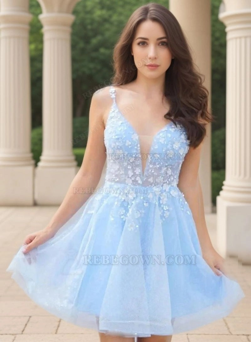 2027 A-Line/Princess Appliques V-neck Tulle Short/Mini Blue Sleeveless Homecoming Dresses back view