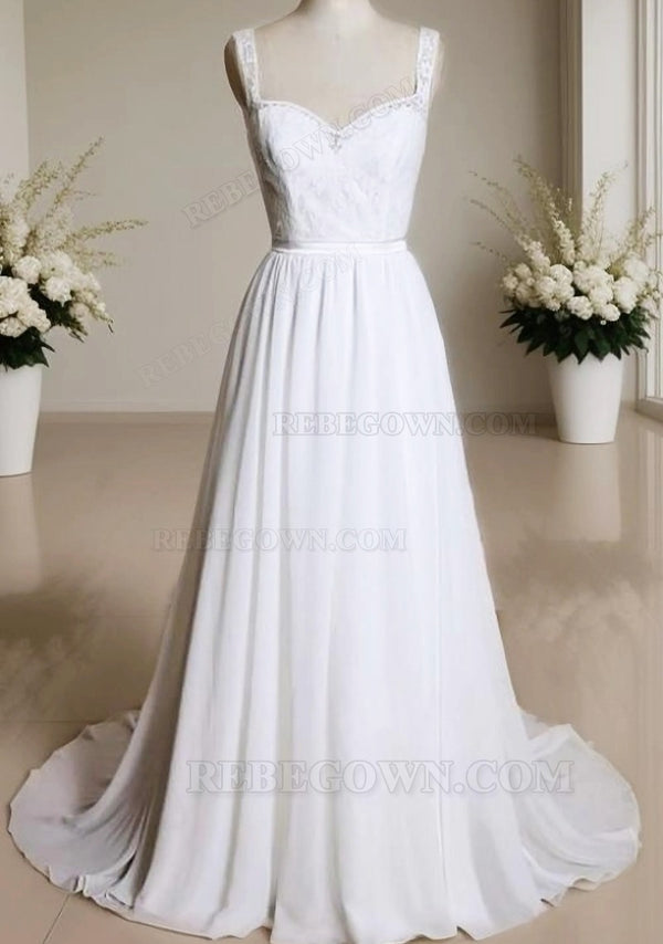 Chiffon A Line Sweetheart Lace Backless 2027 Beach Wedding Dresses front view