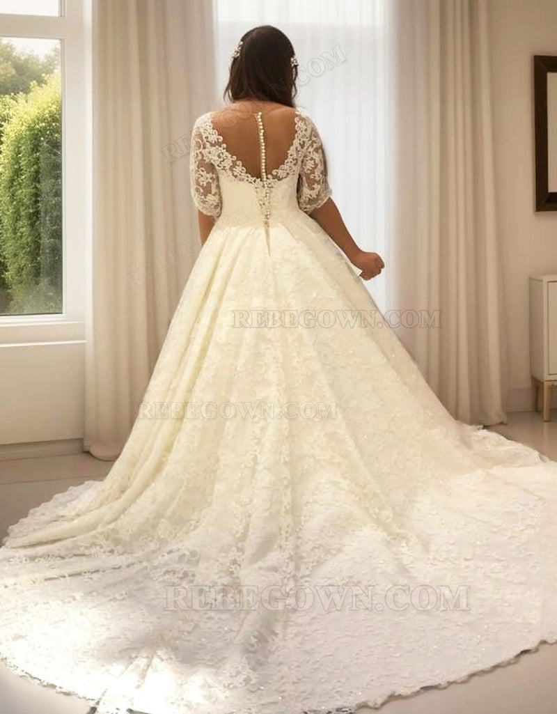 2027 Ivory A Line Long Sleeves Sweetheart Lace Long Wedding Dresses back view
