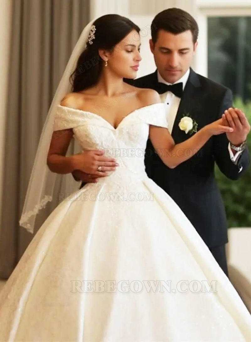 2027 A Line Off Shoulder Sweetheart Capped Sleeves Satin Long Lace Wedding Dresses back view