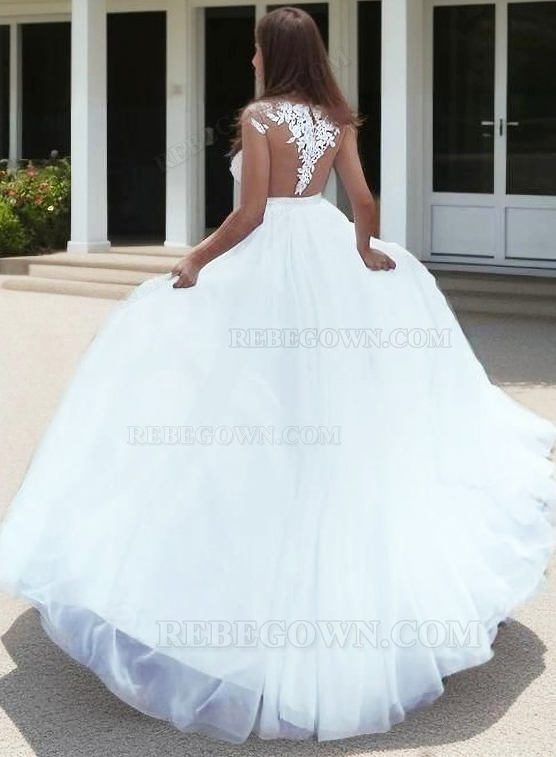 2027 A Line Chiffon Side Slit Capped Sleeves Beach Wedding Dresses back view