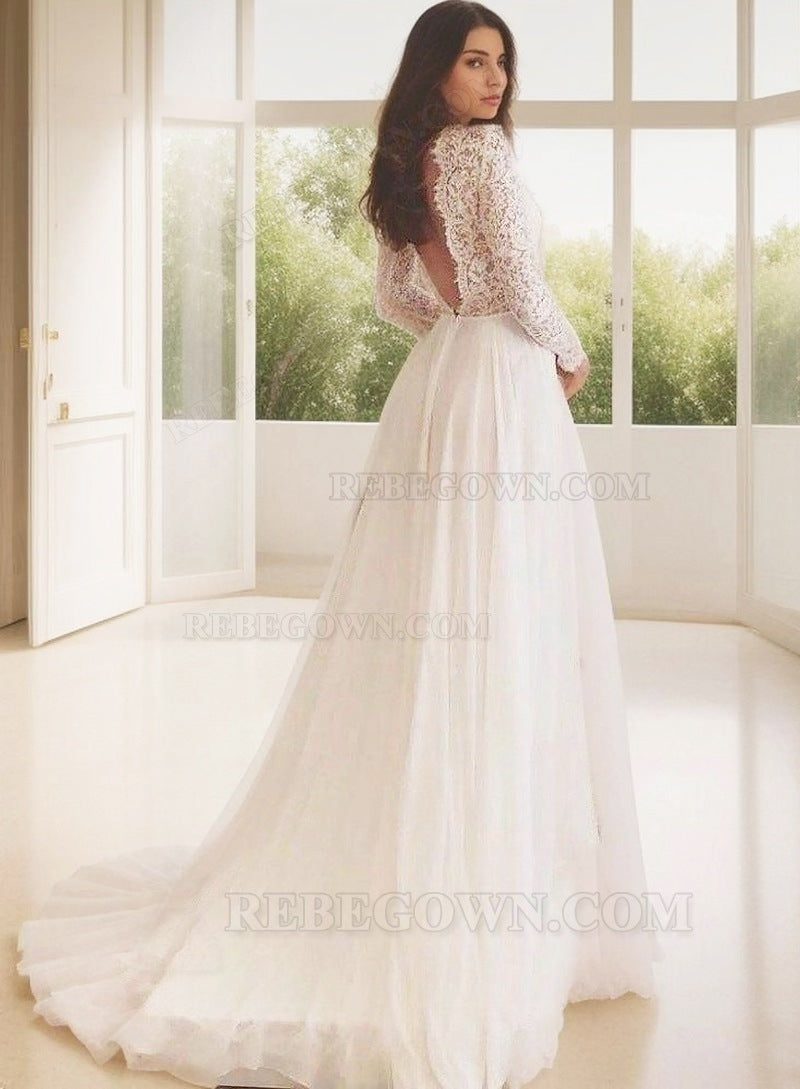 2027 A Line Deep V Neck Lace Long Sleeves Backless Wedding Dresses back view