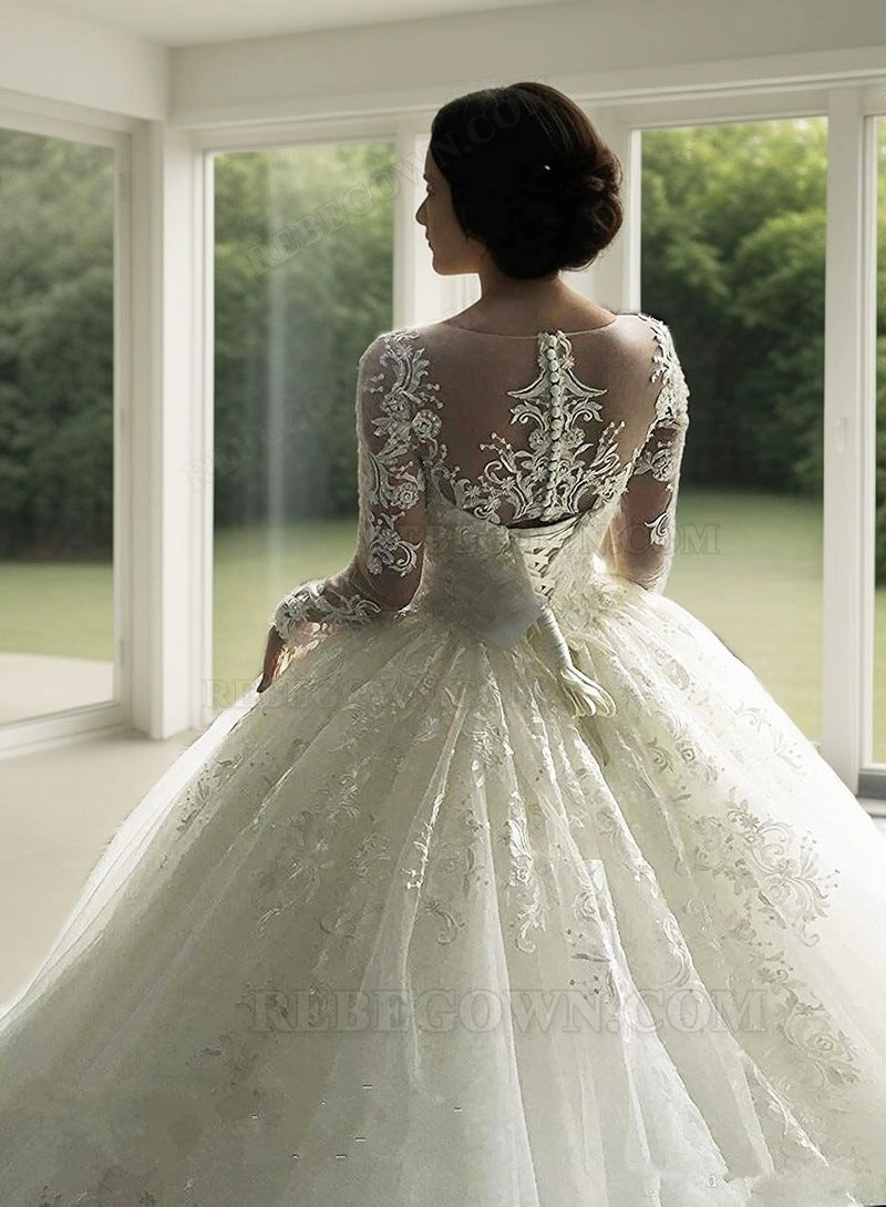 2027 Long Sleeves Wedding Dresses Lace Princess Ball Gown Bridal Gowns back view