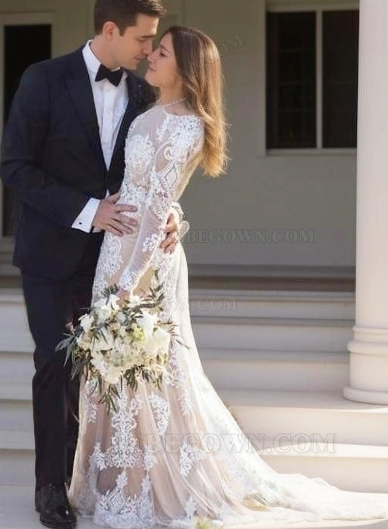 2027 Sheath Wedding Dresses Scoop Champagne With Appliques Long Sleeves Bridal Gowns back view