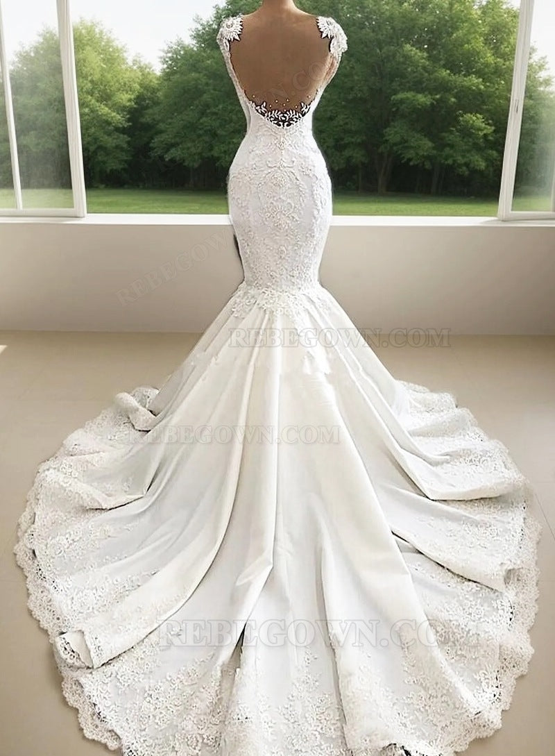 2027 Mermaid Wedding Dresses Backless Sweetheart Satin Lace Bridal Gowns back view