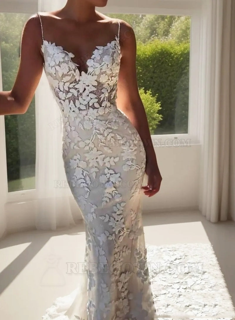 2027 Mermaid Wedding Dresses Sweetheart Spaghetti Straps Backless Lace Bridal Gowns back view
