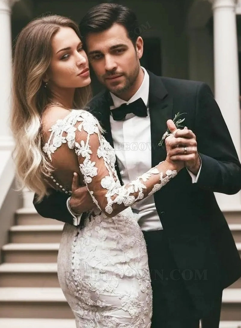 2027 Wedding Dresses Sheath Long Sleeves Floral Pattern Bridal Gowns back view