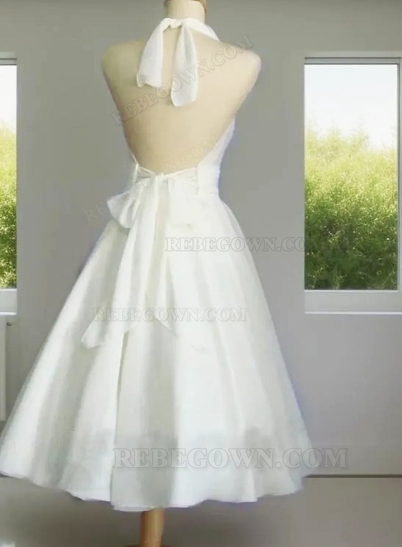 2027 Wedding Dresses Princess A-Line Chiffon Halter Backless Tea Length Short Bridal Gowns back view