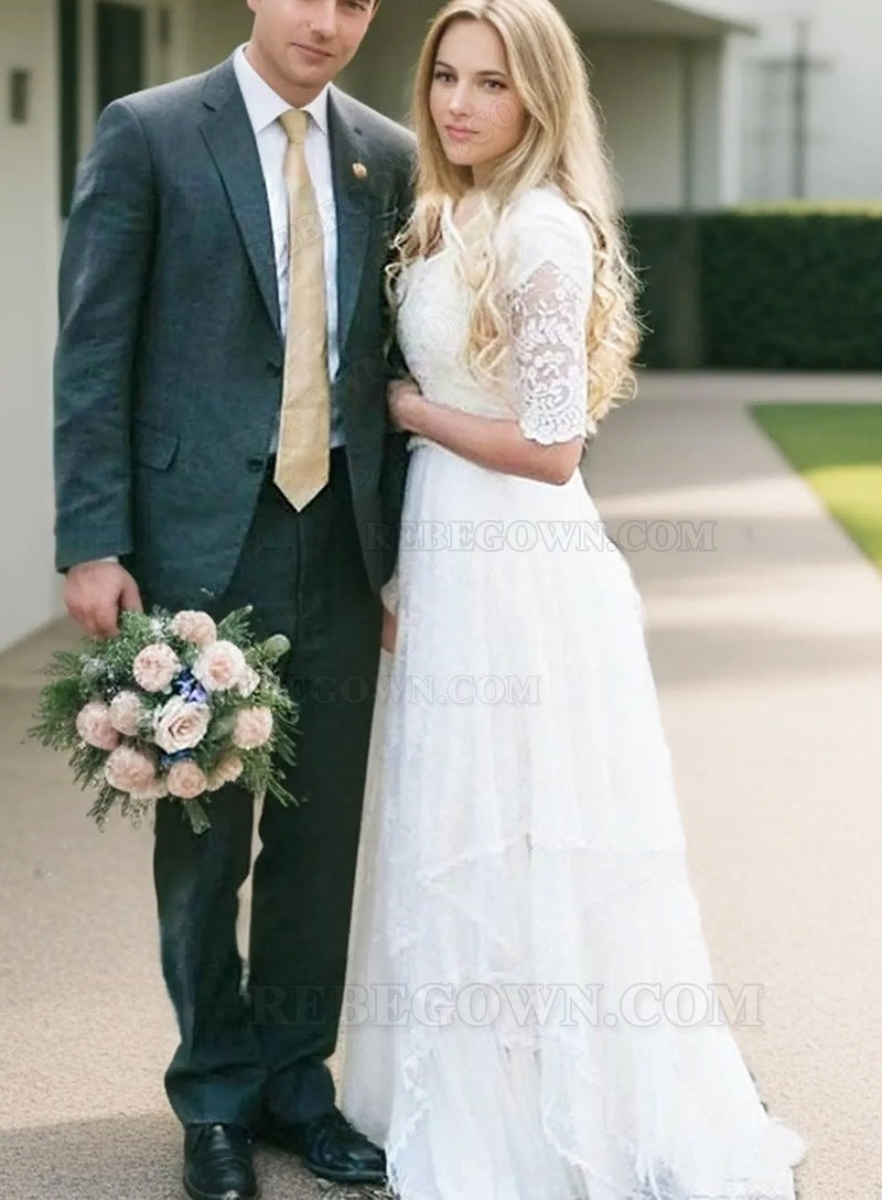 2027 Wedding Dresses Princess A-Line V-Neck Half Sleeves Lace Pleated Bridal Gowns back view