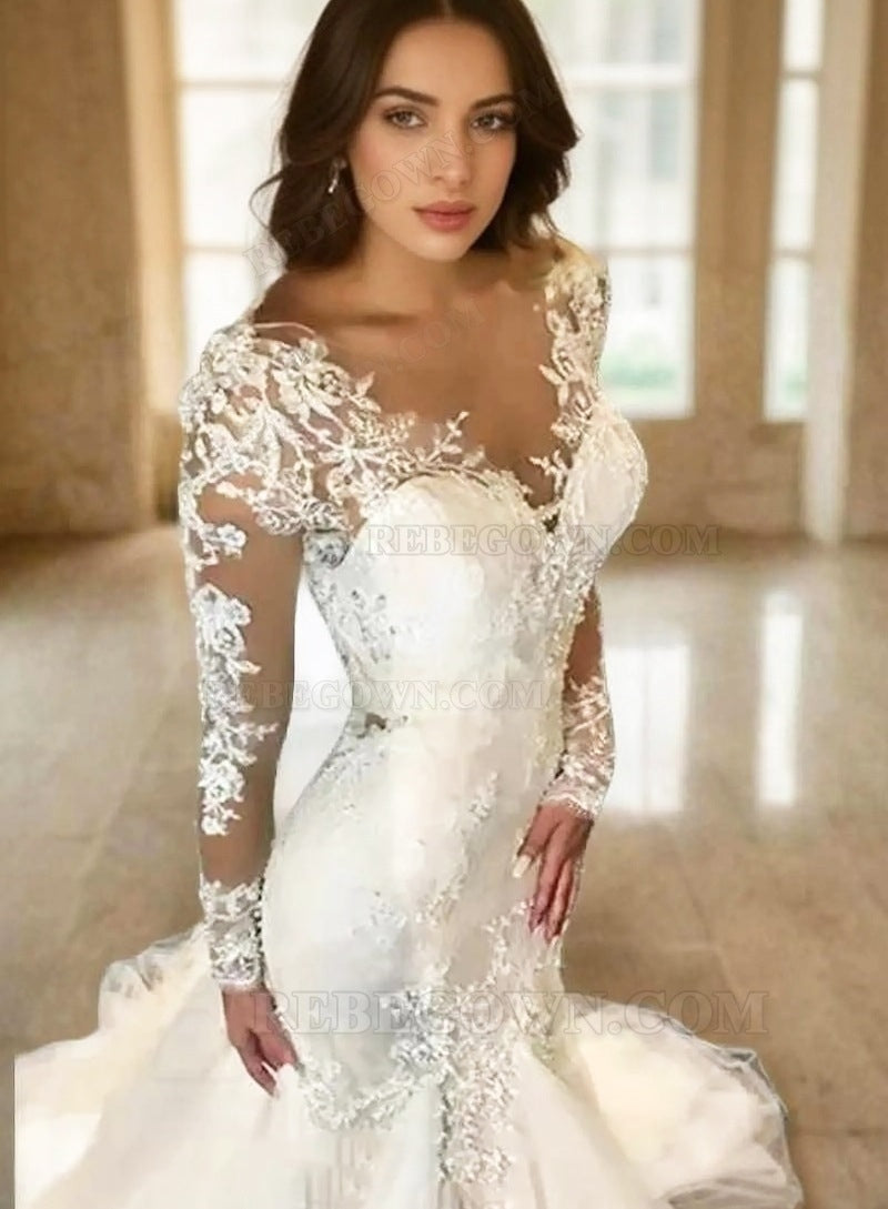 Tulle Sweep Train Trumpet/Mermaid Long Sleeve V-Neck Covered Button Wedding Dresses / Gowns With Appliqued back view