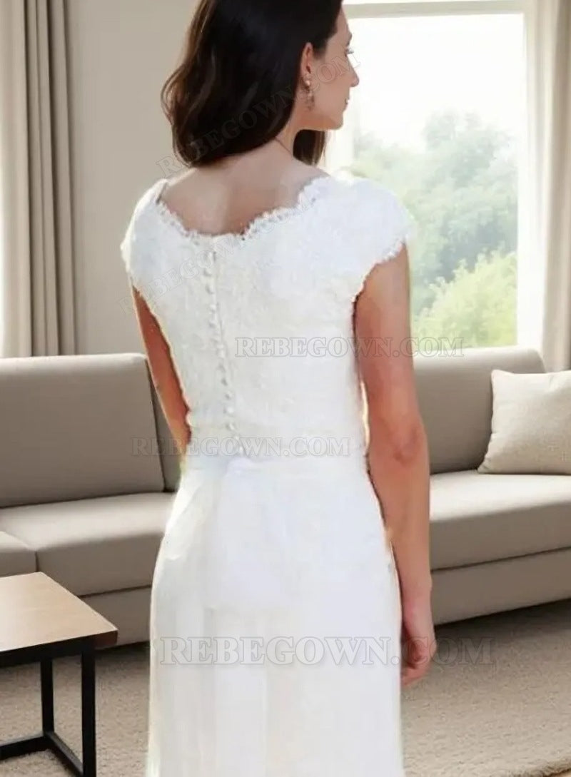 Chiffon Sweep Train Sheath/Column Sleeveless V-Neck Covered Button Wedding Dresses / Gowns With Appliqued back view