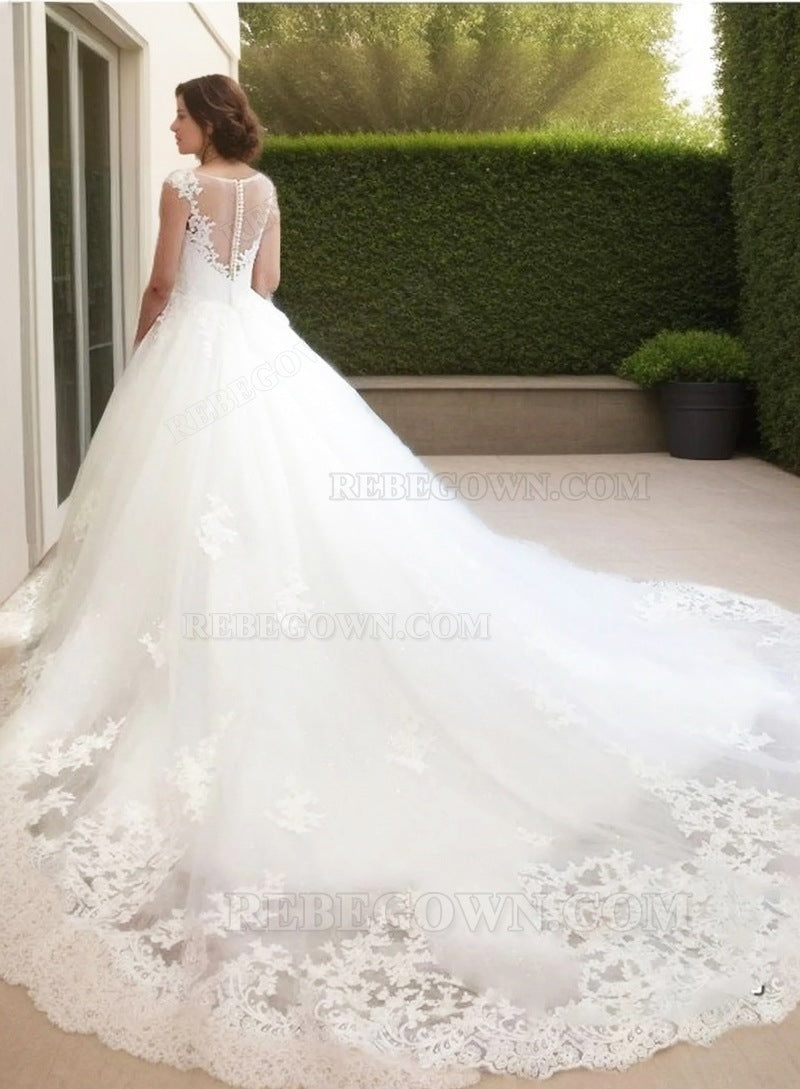 2027 A Line Tulle With Appliques Wedding Dresses With Long Train back view