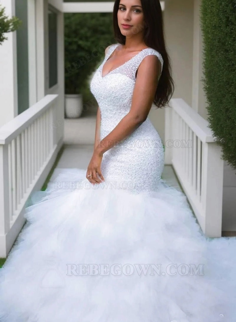 2027 Mermaid Sweetheart Layers Tulle Ruffles Beaded Wedding Dresses back view