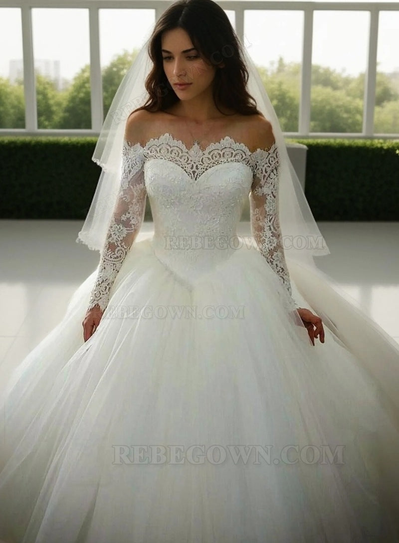 2027 Off The Shoulder Long Sleeves Lace Ball Gown Wedding Dresses back view