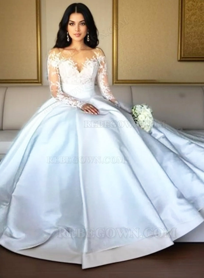 2027 A Line Satin Sweetheart Long Sleeves Wedding Dresses back view