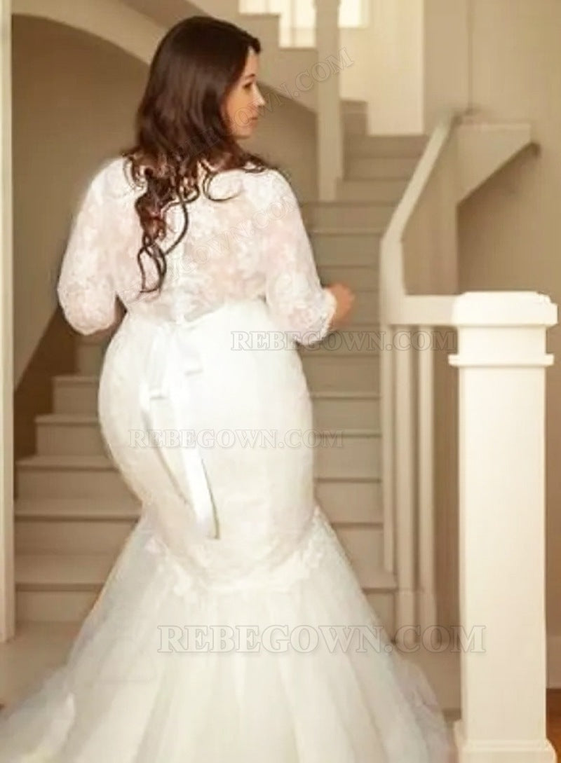 2027 Mermaid Long Sleeves Lace Plus Size Wedding Dresses back view
