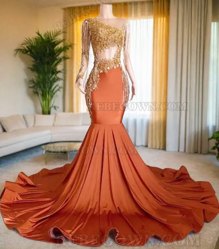 2027 Orange Mermaid Prom Gowns with Gold Beaded Embellishments and One Sleeve back view