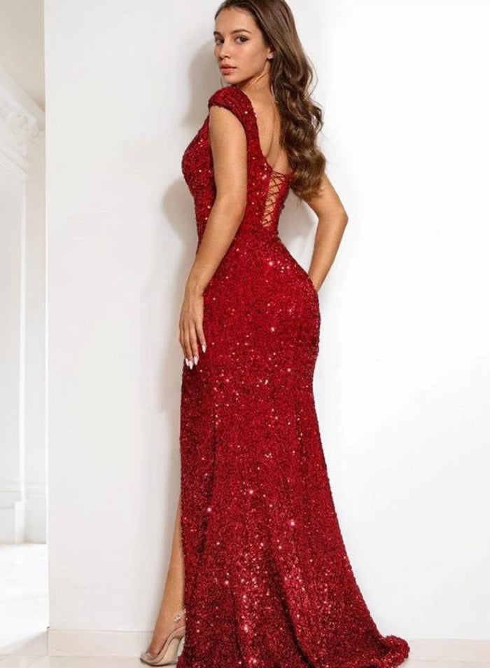 Sheath/Column Sequins Ruched Sleeveless Off the Shoulder Sweep/Brush Train 2027 Prom Dresses back view
