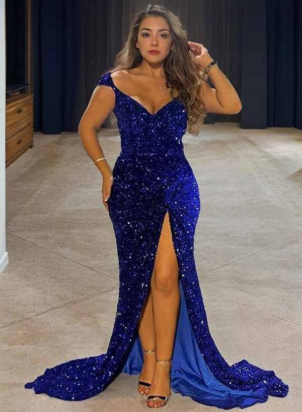 Royal Blue Sheath/Column Sequins Off the Shoulder Sleeveless Sweep/Brush Train 2027 Prom Dresses