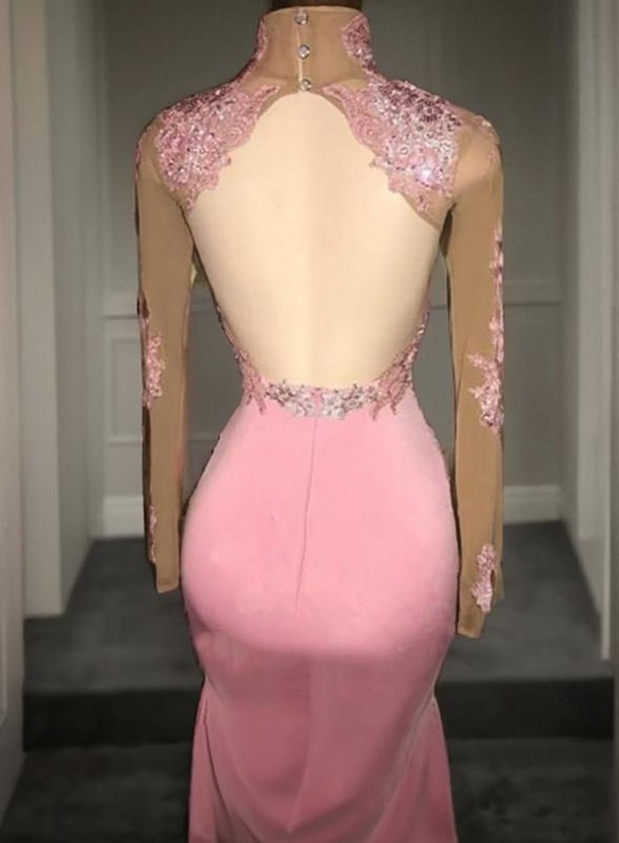 Pink Mermaid Long Sleeves Backless Elastic Satin Open Front High Neck Prom Dresses 2027 back view