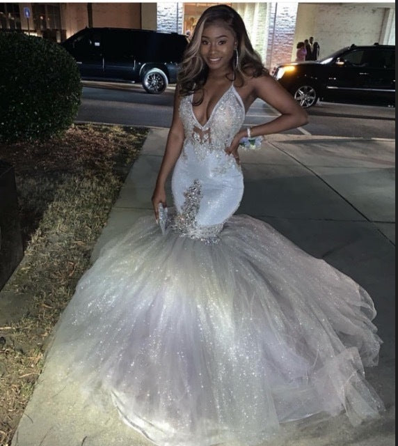 White Sequin Beaded Tulle Ball Gown Prom Dress front view