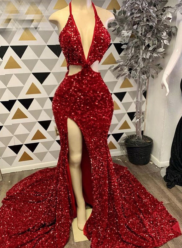 Red Sequin Deep V-Neck Mermaid Prom Dress with High Slit front view