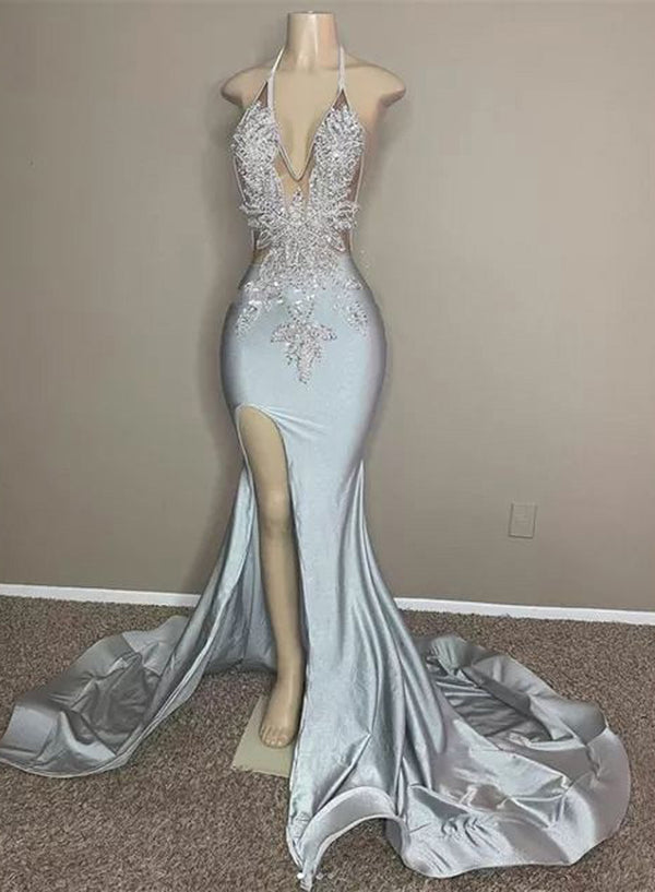 Silver Sequin Deep V-Neck Mermaid Prom Dress front view