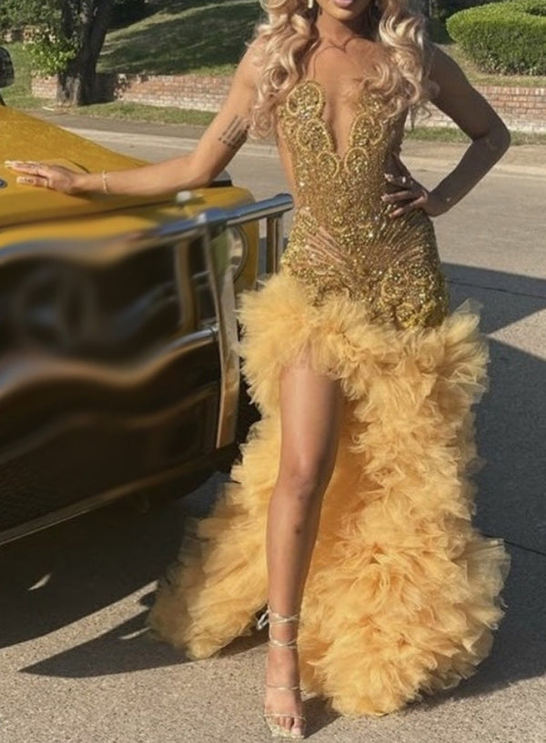 Gold Sequin Tulle Mermaid Prom Dress with Feather Train front view