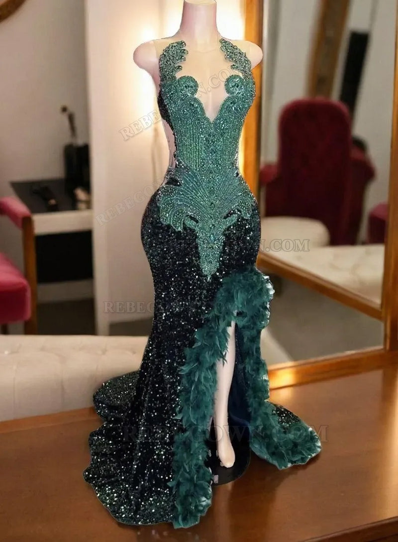 2027 Dark Green Sequin Sheath Prom Dresses with Side Feather Detail back view