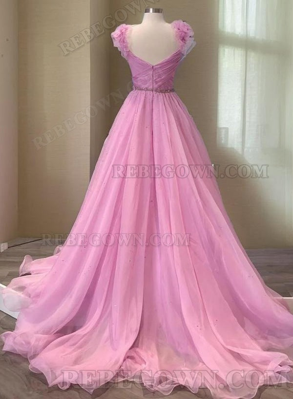 2027 Hot Pink Organza A-Line Sweetheart Long Prom Dresses back view
