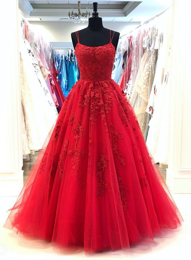 Red Scoop A Line With Appliques Long Tulle Prom Dresses back view
