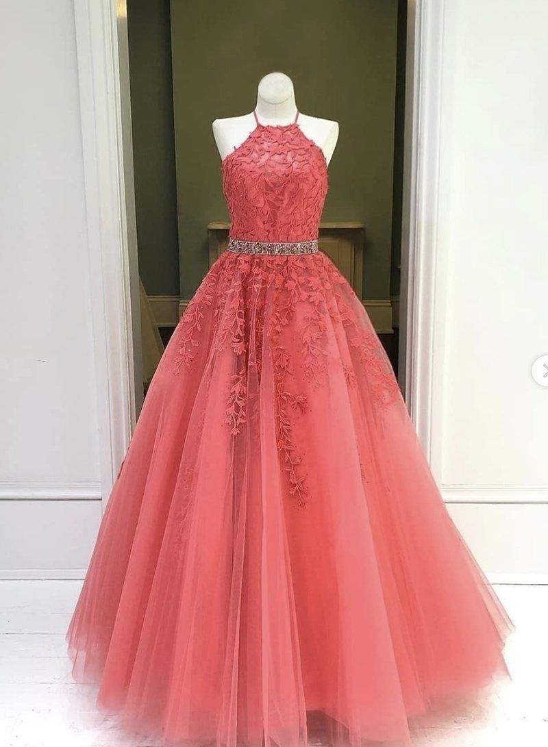Water Melon Halter Long A Line Tulle With Appliques Prom Dresses back view