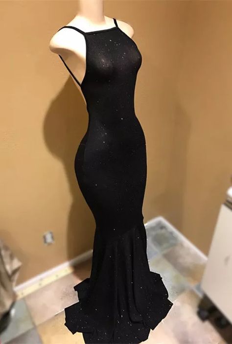 Halter Backless Black Mermaid Long Prom Dresses back view