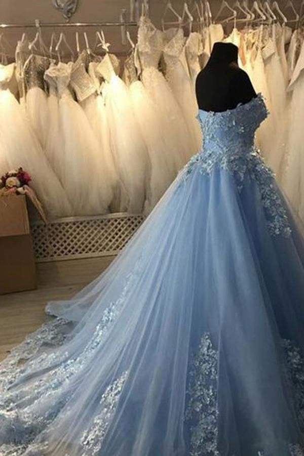 Long Sweetheart Appliques Ball Gown Light Sky Blue Prom Dresses back view