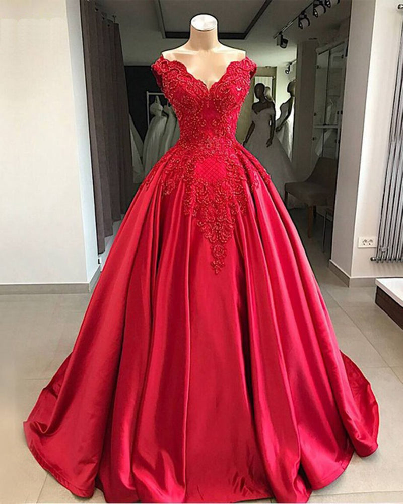 Red Ball Gown Satin With Appliques Off Shoulder Sweetheart Prom Dresses back view