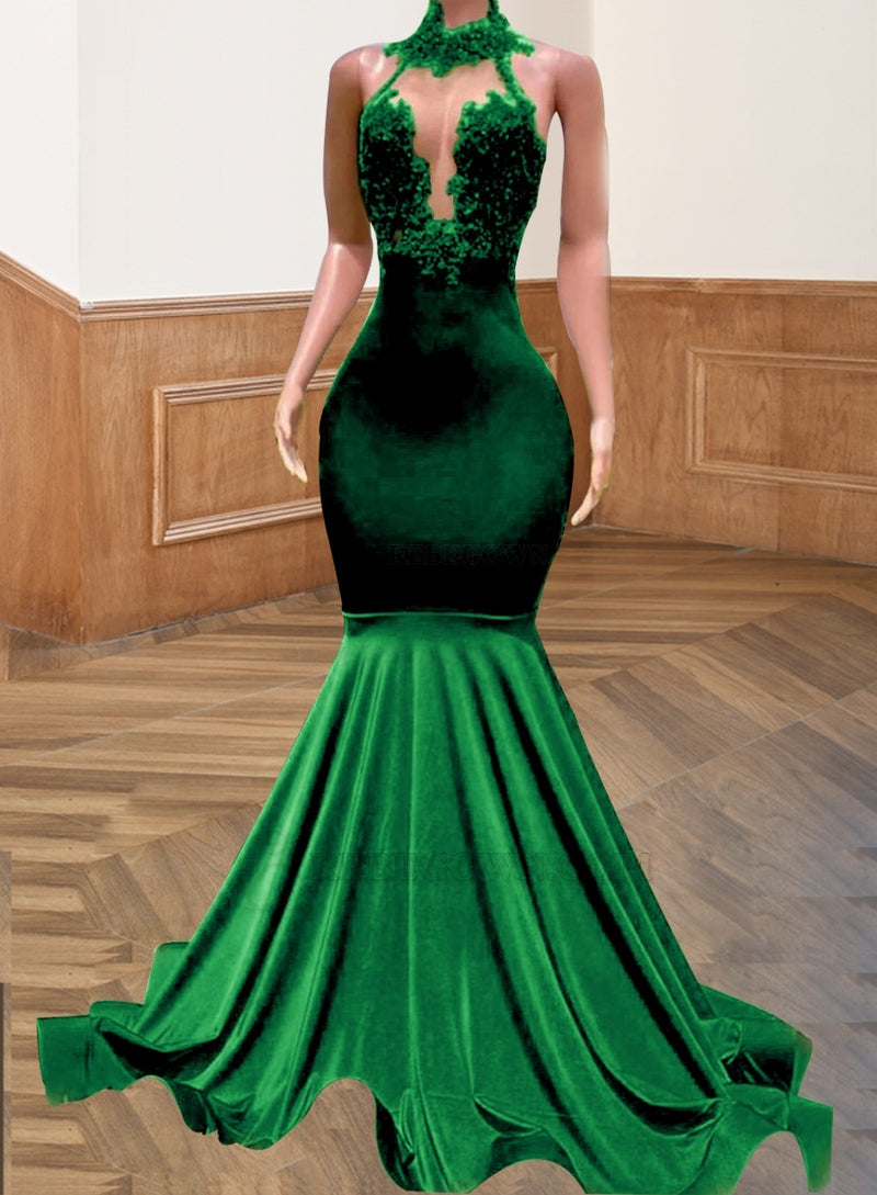Emerald 2027 Sheath/Column Silk Like Satin Beading High Neck Sweep/Brush Train Prom Dresses