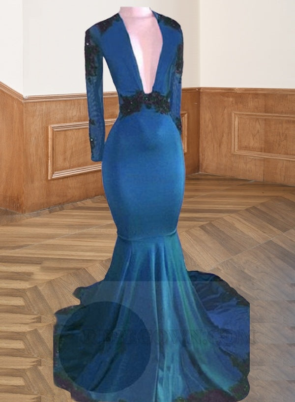 Blue 2027 Fuchsia Deep V Long Sleeves Mermaid Prom Dresses