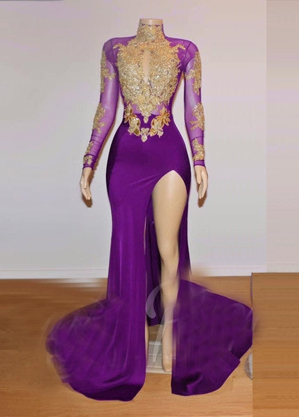 2027 Long Sleeve High Neck Beaded Split Prom Dresses front view